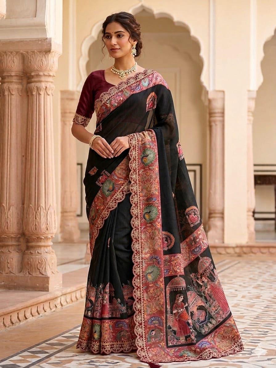 Ivory White and Deep Maroon Dola Banarasi Peacock Motif Saree